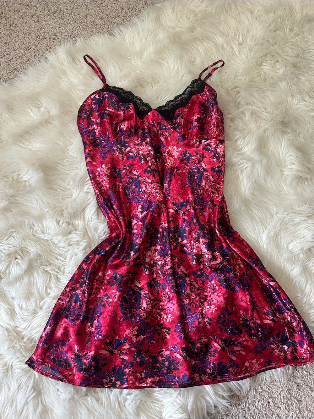 Ambrielle Floral Satin Slip with Black Lace Trim